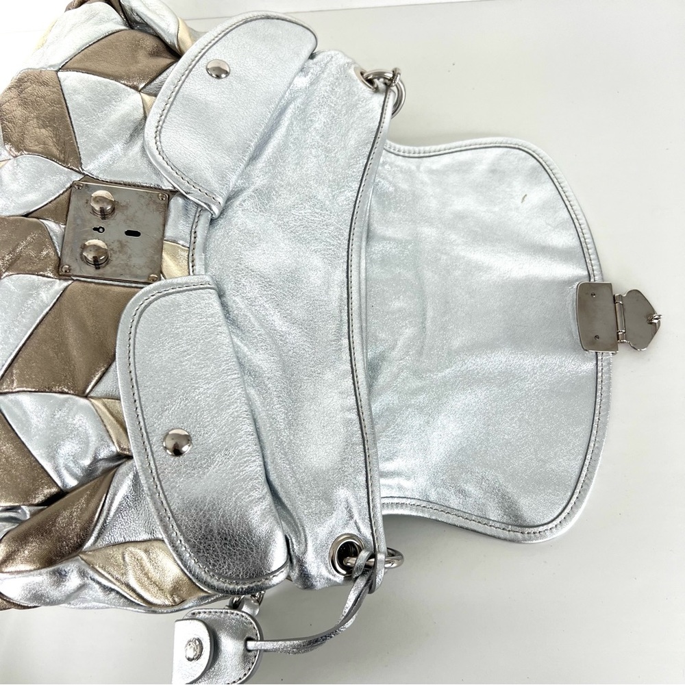 ♦️SOLD♦️MIU MIU Coffer Metallic Silver Gold Bronze Leather Patchwork Shoulder - Picture 10 of 16